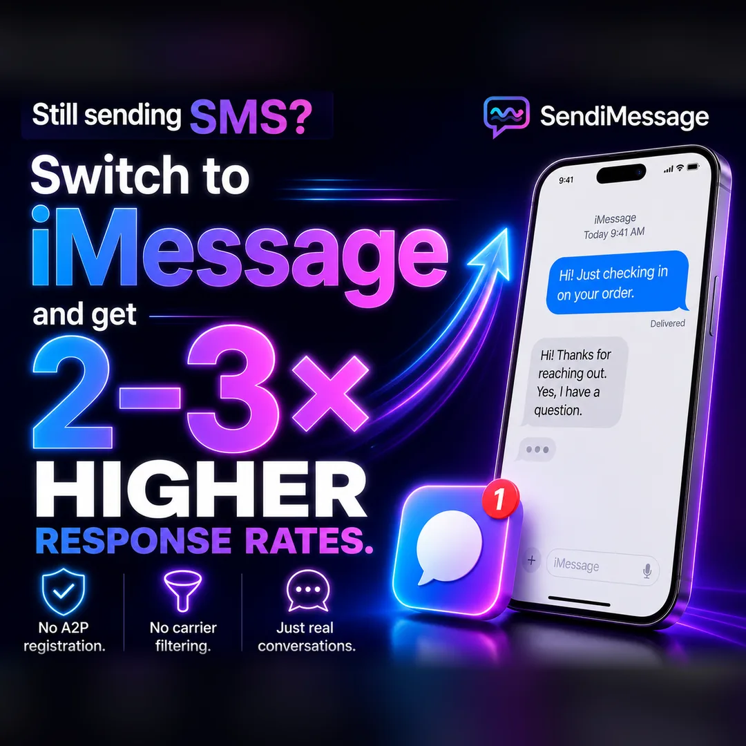 Still sending SMS? Switch to iMessage and get 2–3× higher response rates. No A2P registration. No carrier filtering. Just real conversations.